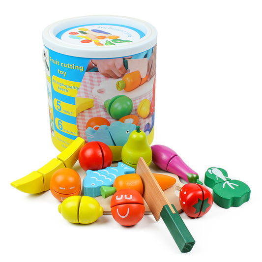 Children's Puzzle Play House Barreled Wooden Cutting Music Toy Simulation Fruit And Vegetable Cutting Watching Tabletop Game